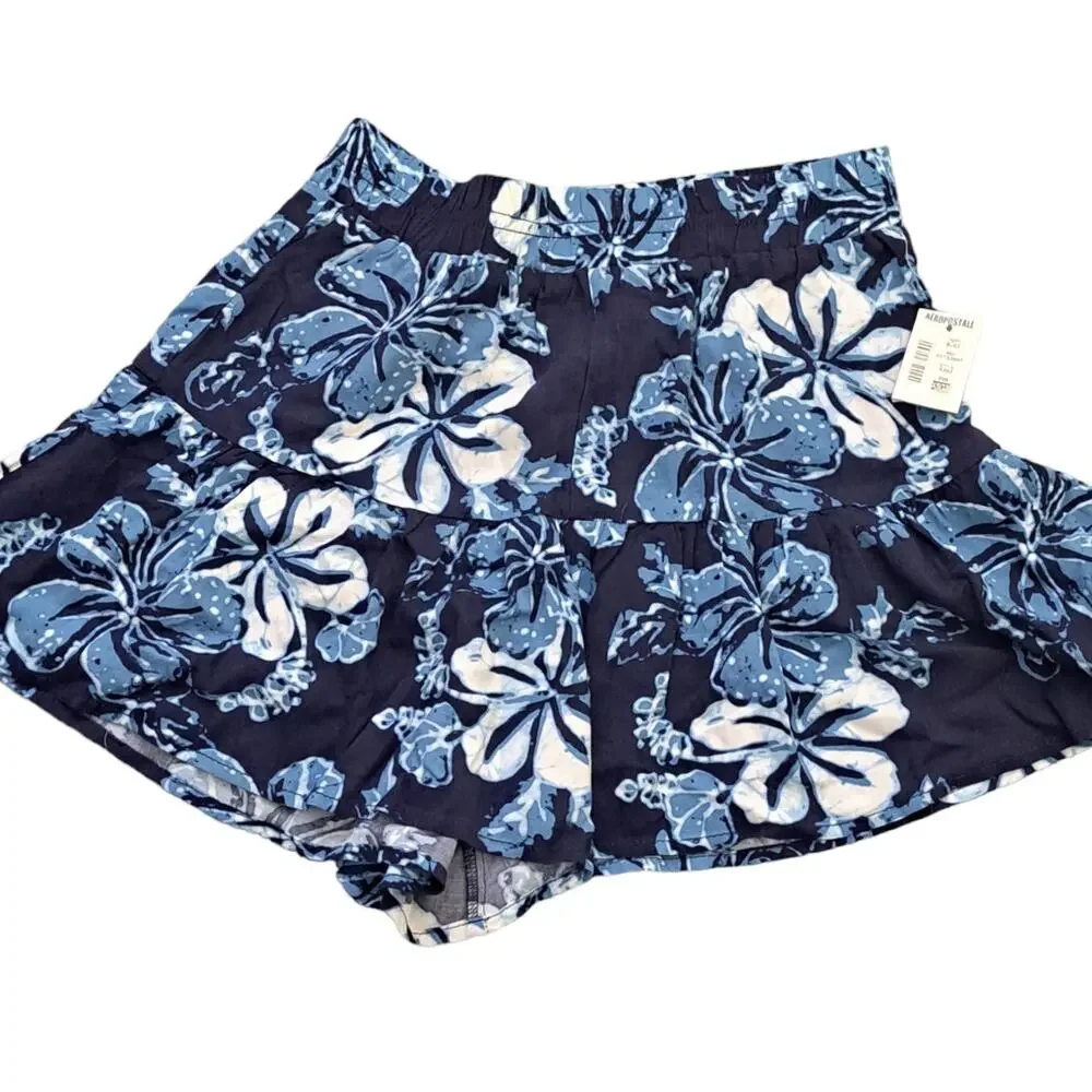 2 For $5 Sale Aeropostale Blue White Floral Ruffle Hem Shorts NWT Size XS